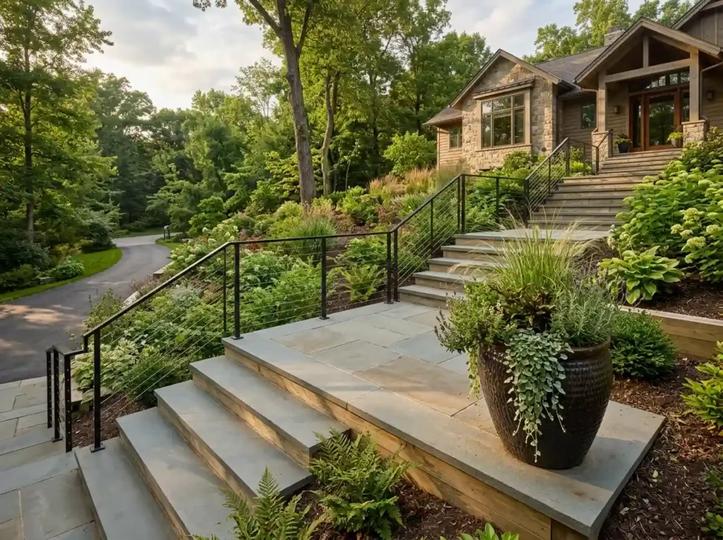 Add a Wide Landing With a Bench or Planter