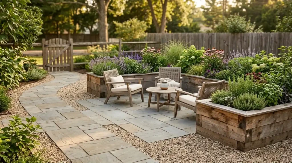 Combine Gravel, Pavers, and Raised Beds