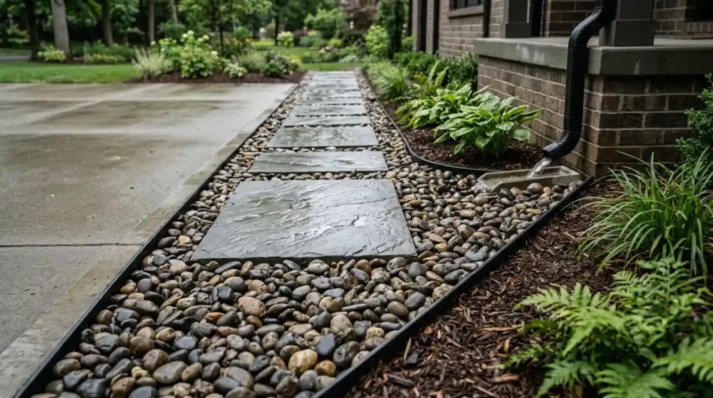 Combine Pavers and River Rock in a Drainage Strip