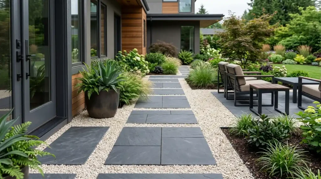 Pair Dark Pavers With Pale Gravel