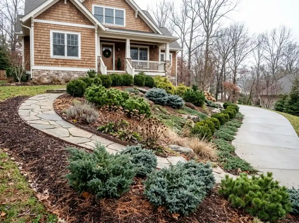 Use Evergreens to Give the Slope Year-Round Structure