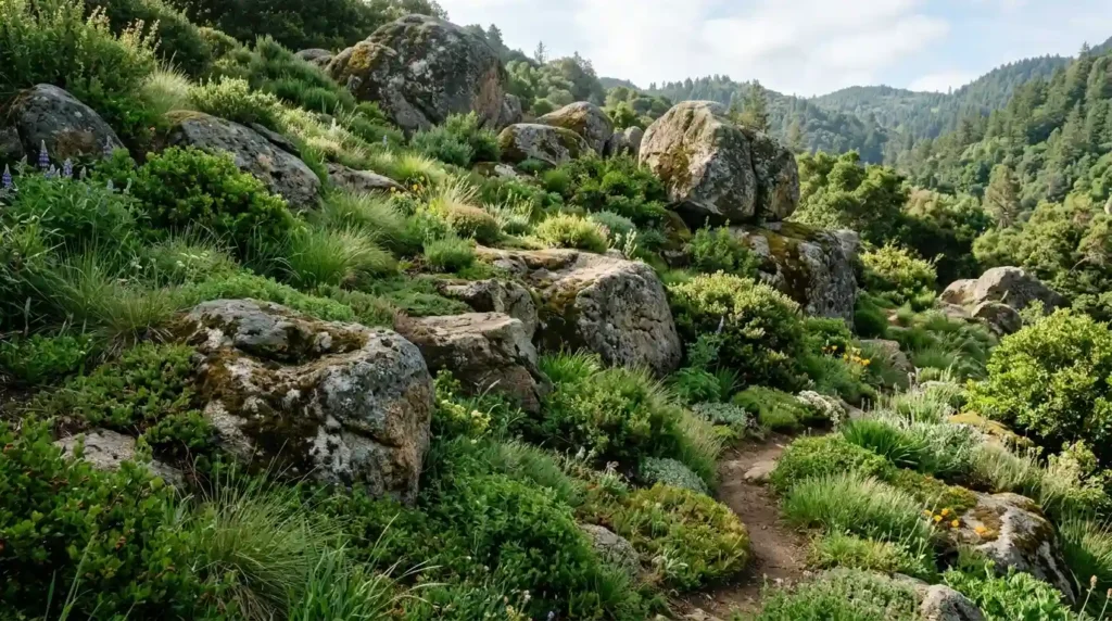 Pair Embedded Boulders With Dense Plants