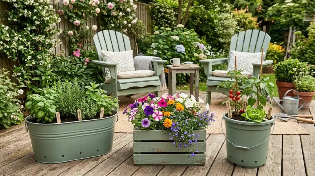 A bare patio can make your whole backyard feel unfinished. You may have a plain concrete slab, old chairs, little privacy, or no shade. Fixing all these problems at once can seem expensive.

The good news is that you do not need to rebuild the patio. A few smart changes can make it feel more private, useful, and welcoming.

These patio landscaping ideas on a budget use simple materials, secondhand finds, plants, paint, gravel, and outdoor lighting. Some projects cost very little. Others can be completed in stages as you save more money.

You will also find ideas for renters, small patios, sunny yards, and narrow outdoor spaces. Start with the problem that bothers you most. Then add other features when your time and budget allow.

Before you buy plants, pots, or decorations, take a closer look at the space.

How to Plan Patio Landscaping Ideas on a Budget

The easiest way to overspend is to shop without a plan. A few plants may look cheap at the store. However, the total cost can grow fast when you add pots, soil, tools, and decorations.

Start by measuring the patio. Write down its length and width. Measure the nearby flower beds, empty corners, walkways, and fence lines too.

Next, list the three biggest problems. Your list may include:

No shade

Little privacy

Poor seating

A dirty concrete floor

Empty patio edges

No evening lighting

Too many mismatched items

Fix safety problems first. Loose stones, deep cracks, poor drainage, and unstable steps should come before decorations.

After that, choose the change that will improve how you use the space. Shade may matter most on a hot patio. Seating may matter more if you enjoy family meals outside.

Set a total spending limit before shopping. Divide the money into simple groups, such as plants, surface materials, seating, privacy, and lighting.

For example, a $250 budget could include:

$80 for plants and pots

$60 for gravel, mulch, or edging

$50 for lighting

$60 for paint or secondhand furniture

These are sample amounts. Prices will differ based on your location, patio size, and chosen materials.

Check what you already own before buying anything. An old chair may only need paint. Extra bricks may work as edging. A storage tub may become a planter if it is clean and safe.

Write down your budget and choose one main project. This will help you avoid buying small items that do not solve a real problem.

5 Cheap Patio Ground and Border Ideas

The patio floor and edges create the base for the whole space. Improve these areas first, and your plants and furniture will look more planned.

Clean and Rearrange What You Already Have

Best for: Every patio
Cost level: Very low
Time needed: One afternoon

Cleaning is one of the cheapest patio landscaping ideas. It can also create the fastest visible change.

Start by removing furniture, pots, toys, and decorations. Sweep away leaves and dirt. Pull weeds from cracks and along the patio edge.

Scrub the surface with water and a stiff outdoor brush. Use a cleaning product made for your patio material when plain water is not enough.

Check the area for broken pots, faded decorations, and items you no longer use. Removing clutter can make a small patio feel much larger.

Now change the furniture layout. Place chairs across from each other to create a conversation area. Use an L-shaped layout if the patio is narrow.

Avoid lining every chair against the wall. This can make the center feel empty and awkward.

Cleaning does not fix serious cracks or drainage problems. Those issues may need repair. Still, a clean floor and simple layout give you a better starting point.

Create a Pea Gravel Seating Area

Best for: Patios that need more usable space
Cost level: Low to medium
Time needed: One weekend

Pouring more concrete can cost a lot. Pea gravel can create extra seating space for less.

Choose a flat area beside the current patio. A 6-by-8-foot space may hold two chairs and a small table.

Remove weeds and loose plant growth. Level the soil as much as possible. Add edging around the area to keep the gravel in place.

Brick, metal, plastic, wood, or stone edging can work. Pick a material that matches something already in the yard.

Landscape fabric may help control weeds in some settings. However, it can also make future soil work harder. Check what works best for your soil and drainage.

Spread the gravel at a suitable depth. Rake it flat and test the surface before adding furniture.

Keep loose gravel away from doors. Small stones can get tracked into the house.

Gravel is not perfect for every home. Chairs with narrow legs may sink into it. A flat paver under each leg can help.

Paint or Stencil a Plain Concrete Patio

Best for: Dull concrete slabs
Cost level: Low to medium
Time needed: One weekend

A plain concrete patio can look much better with paint or a simple stencil.

Clean the surface first. Remove dirt, grease, loose paint, and weeds. Repair small cracks before adding a new finish.

Use paint or coating made for outdoor concrete. Indoor wall paint will not handle rain, sun, and foot traffic.

Test the color in a small corner. Patio colors may look much brighter outside than they did on the sample card.

You do not need to paint the full slab. A large stencil around the seating area can create the look of outdoor tile. A simple border can also make the patio feel more finished.

Pick a pattern that will be easy to touch up later. Very detailed designs may take more time and show mistakes.

Check the product label for drying times and slip safety. Some smooth finishes may become slippery when wet.

This project needs careful surface prep. Skipping that step can cause the paint to peel early.

Add a Simple Stepping-Stone Path

Best for: Patios that feel cut off from the yard
Cost level: Low to medium
Time needed: One day

A stepping-stone path can connect your patio to a gate, garden bed, shed, or lawn area.

You do not need a full paved walkway. Six to eight spaced stones may be enough for a short path.

Place the stones on the ground before digging. Walk across them to test the spacing. Your steps should feel natural.

Dig a shallow space for each stone. Set every piece level with the soil or slightly above it. This lowers the risk of trips.

Fill the gaps with mulch, gravel, grass, or low-growing plants. Choose a filler that suits the amount of foot traffic.

Look for leftover pavers through local resale groups or building reuse stores. Mismatched stones can still look good when their spacing stays even.

Make the path wide enough for its use. A path to a garden can be narrow. A route used for bins or carts needs more room.

Edge the Patio With Reclaimed Brick or Stone

Best for: Patios with messy garden edges
Cost level: Low
Time needed: One afternoon

A clear border makes a patio look neat. It also keeps mulch, soil, and small stones from spreading onto the floor.

Reclaimed bricks, old pavers, and natural stones can all work as edging. Ask friends or family if they have leftover materials.

You can also check yard sales, reuse shops, salvage yards, and local giveaway groups.

Lay out the pieces before setting them into the soil. Try to repeat the same material in more than one area. This makes old or mixed pieces feel like part of a plan.

Set each piece firmly. Loose edging may move after rain or regular foot traffic.

Keep sharp or damaged materials away from walkways. Check old bricks for deep cracks before using them.

A strong edge gives the patio a clear shape. Once that shape is in place, plants can soften the hard surface and add color.

5 Budget-Friendly Patio Planting Ideas

Plants can hide bare corners, soften concrete, add scent, and create privacy. You do not need dozens of pots to make an impact.

Group Containers for a Fuller Look

Best for: Small patios and renters
Cost level: Low
Time needed: One to two hours

Scattered pots can make a patio feel messy. Grouping them creates a stronger display with fewer plants.

Use groups of three or five. Place the tallest pot at the back. Add a medium plant beside it. Finish with a low or trailing plant near the front.

A simple group could include:

One tall grass

One flowering plant

One trailing plant

Repeat one color or pot material. This will help different containers look connected.

You can place smaller plastic nursery pots inside larger decorative pots. This makes it easier to move and replace plants.

Do not fill a deep pot with soil when the plant has shallow roots. A safe lightweight filler can reduce the amount of soil needed. Make sure the pot still drains and stays stable.

Three well-placed containers often look better than ten small pots spread around the patio.

Turn Everyday Items Into Planters

Best for: DIY patio landscaping
Cost level: Very low
Time needed: One afternoon

You may already own items that can become outdoor planters.

Clean buckets, wooden crates, metal tubs, and sturdy baskets may work. The container must be strong enough to hold wet soil.

Add drainage holes before planting. Water trapped around the roots can cause rot.

Never use a container that held fuel, strong cleaners, pesticides, or other unsafe chemicals.

Wooden boxes may need a liner. Leave drainage openings at the bottom. Paint or seal the outside with an outdoor-safe product.

You can paint mismatched containers in one or two colors. This creates a cleaner look without buying a full matching set.

Good options include:

A metal tub for herbs

A wooden crate for flowers

A food-safe bucket for vegetables

A large ceramic pot as a focal point

Place heavy containers where you want them before filling them. Wet soil can make them hard to move.

8. Divide Perennials Instead of Buying More Plants

Best for: Homeowners with existing garden beds
Cost level: Free to very low
Time needed: A few hours

Mature perennials can sometimes be split into smaller plants. This gives you more greenery without buying more.

A perennial is a plant that returns for several growing seasons. Many types slowly form larger clumps.

Check whether your plant can be divided. Some plants respond well. Others do not.

Choose the correct season for that plant. Dig carefully and separate the root clump into healthy sections. Replant each section at the right depth.

You can use the new plants along the patio edge. Repeating the same plant in three places can make the yard feel connected.

Plant swaps are another useful option. Neighbors may have extra plants from their own beds. You may be able to trade something you already grow.

Free plants still need the right light, soil, and water. Do not accept a plant just because it costs nothing.

9. Choose Native or Drought-Tolerant Plants

Best for: Lower water and care costs
Cost level: Low to medium
Time needed: Varies

A cheap plant is not a good deal when it dies after one hot season.

Choose plants that suit your local weather, soil, and sunlight. They are more likely to stay healthy with less extra care.

Native plants grow naturally in your area. They may also provide food or shelter for local birds and insects.

Drought-tolerant plants can handle dry periods once their roots are established. They still need regular water when first planted.

Possible plant types include:

Ornamental grasses

Salvia

Lavender in suitable dry areas

Sedum

Coneflowers

Catmint

Ferns for shaded spots

Heuchera for part shade

These examples will not suit every climate. Ask a local garden center or plant service which options work near you.

Check the mature size before planting. A small nursery plant may become too wide for a narrow patio bed.

Avoid fast-spreading plants near walls and paths. A low price does not help when the plant later becomes hard to control.

10. Create a Small Patio Herb Corner

Best for: Patios near a kitchen or grill
Cost level: Low
Time needed: One afternoon

Herbs add color, scent, and food to a patio. They also fit well in small containers.

Place them near the kitchen door or outdoor cooking area. You will use them more often when they are easy to reach.

Try:

Basil in a sunny pot

Parsley and chives in a window box

Rosemary in a warm, bright spot

Mint in its own container

Mint spreads fast. Keeping it in a pot helps control its roots.

Choose herbs based on the sunlight you receive. Some need full sun. Others can handle a little shade.

Add plant labels if several herbs look alike. You can make simple labels from wood scraps, stones, or old spoons.

Mix herbs with flowers when they have similar care needs. This makes the display useful and attractive.

Choose every patio plant for a clear reason. It should add color, scent, privacy, food, or softness.

5 Affordable Patio Privacy and Shade Ideas

A patio will not feel relaxing when neighbors can see every seat or the midday sun makes the floor too hot.

Some privacy and shade options work right away. Plants may need more time to grow.

11. Build a Vertical Garden

Best for: Small patios with empty walls
Cost level: Low
Time needed: One day

A vertical garden adds plants without using much floor space.

You can use a purpose-built frame or a clean wooden pallet. Check reclaimed wood before bringing it home.

Avoid wood with an unknown history. It may have held chemicals or unsafe materials. Look for clear treatment marks and use only wood that is suitable for your project.

Sand rough edges. Secure the frame so it cannot tip forward.

Add lightweight pots, small shelves, or planter pockets. Leave space around each plant for airflow and watering.

A freestanding frame works well for renters because it may not require drilling into the wall.

Use small herbs, trailing flowers, or compact leafy plants. Large pots can make the frame too heavy.

Place a tray or gravel below the garden if dripping water may stain the patio.

12. Train Climbing Plants on a Trellis

Best for: Long-term natural privacy
Cost level: Low to medium
Time needed: One afternoon for setup

A climbing plant can turn a bare wall or fence into a green backdrop.

Use lattice, wire, wood strips, or a ready-made trellis. Make sure it can support the mature plant.

Place one or two narrow trellises behind a bench. This creates a clear seating area while adding height.

Choose a vine that suits your weather. Check how fast it grows and how large it may become.

Some vines grip walls on their own. Others need to be tied to the support.

Keep aggressive vines away from siding, gutters, roofs, and weak fences. Roots and stems can enter small gaps or become too heavy.

Container-grown vines need enough room for their roots. Small pots may dry out quickly and limit growth.

This idea takes patience. A screen or curtain is better when you need privacy right away.

13. Add a Reed or Bamboo-Style Screen

Best for: Fast privacy
Cost level: Low
Time needed: One to two hours

A roll-up screen can cover an open railing or an unattractive fence.

Measure the area before buying. A screen that is too short may look unfinished.

Secure both the top and bottom. Wind can pull at loose material and damage the ties.

Use weather-safe fasteners. Check them during stormy seasons.

Place a few plants in front of the screen. This softens the flat surface and makes the space feel less closed.

Natural reed and bamboo-style screens may fade or break down over time. They often cost less than a permanent fence, but they may need replacing sooner.

Renters should check building rules before attaching anything to a railing or fence.

14. Hang Outdoor Curtains

Best for: Covered patios and pergolas
Cost level: Low
Time needed: One afternoon

Outdoor curtains can add privacy and soft shade without building a wall.

Hang them only on the side that needs coverage. Two panels may be enough to block the view from a nearby home.

Use fabric made for outdoor spaces. Indoor curtains may hold water, fade, or grow mold.

Choose a light color if the patio is small. Dark fabric can make a tight area feel closed.

Add tiebacks so you can open the curtains on calm days.

Keep all fabric far from grills, heaters, candles, and open flames.

The hanging frame must be secure. Do not attach heavy rods to weak trim or loose wood.

Curtains can move in strong wind. Take them down during severe weather when needed.

15. Install a Small Shade Sail

Best for: Hot, open patios
Cost level: Medium
Time needed: Several hours

A shade sail can cover a seating area without the cost of a full roof.

Measure the area and choose a sail that leaves room for proper tension. A loose sail may sag or collect water.

Use strong attachment points. Weak fencing, thin trim, and unstable posts may fail under pressure.

Set the sail at a slight angle so rain can run off. Follow the maker’s setup guide for spacing and tension.

Check local rules before adding new posts or attaching a structure to the house.

Remove the sail during severe weather when the product guide says to do so.

A shade sail can provide fast relief from harsh sun. However, it needs safe support. Do not treat it like a simple decoration.

Pick one strong privacy or shade feature. Too many screens, curtains, and tall plants can make a small patio feel crowded.

4 Low-Cost Patio Seating, Lighting, and Decor Ideas

A patio starts feeling useful when you have a comfortable seat and enough light to enjoy the area after sunset.

16. Build a Simple Outdoor Bench

Best for: Narrow patios
Cost level: Low to medium
Time needed: One weekend

A straight bench can seat more people than several separate chairs. It also uses less floor space.

Some DIY benches use outdoor lumber, concrete blocks, or strong crates. Follow a tested building plan for the exact materials you choose.

Place the bench on a level surface. Test every support before sitting on it.

Sand all wood. Seal it with an outdoor-safe finish. This helps protect it from sun and moisture.

Keep the seat at a comfortable height. A bench that is too low may be hard to use.

Add washable cushions for comfort. Store them during heavy rain or cold weather.

Do not use weak crates, cracked blocks, or untreated indoor boards. A cheap bench is not worth the risk if it cannot hold weight safely.

17. Refresh Secondhand Outdoor Furniture

Best for: Patios with a mixed furniture set
Cost level: Low
Time needed: One weekend

Secondhand furniture can save money, but inspect it before buying.

Check the legs, frame, seat, screws, and joints. Avoid chairs with cracked supports or deep rust.

Surface rust may be cleaned and painted. Rust that has eaten through the metal can make the frame unsafe.

Wash the furniture first. Remove loose paint before adding a new finish.

Use paint or sealer made for the furniture material. Metal, wood, and plastic need different products.

You can make two different chairs look like a set by painting them the same color. Add matching cushions to complete the look.

Look for used furniture through:

Local resale sites

Yard sales

Charity shops

Reuse stores

Community giveaway groups

Measure your patio before bringing furniture home. A low price is not helpful when the table blocks the walkway.

18. Add Solar and String Lights in Layers

Best for: Patios used at night
Cost level: Low
Time needed: Under two hours

One bright light can feel harsh. Several softer lights make the patio feel warmer and safer.

Use three simple lighting levels:

Safety lights near steps and paths

General light around the seating area

Small accent lights on tables or near plants

Solar path lights are easy to install. Place their panels where they receive enough direct sun.

String lights can mark the seating zone. Use products rated for outdoor use.

Secure the lights to strong hooks or supports. Do not hang them from weak branches or loose nails.

Keep electrical plugs and connections away from standing water. Use outdoor-rated cords and follow the product safety guide.

Solar lanterns work well on tables. They can also be moved when you change the furniture layout.

Avoid adding too many lights. You should still be able to enjoy the night sky and nearby plants.

19. Create One Low-Cost Focal Point

Best for: Patios that feel plain or cluttered
Cost level: Low
Time needed: One afternoon

A focal point gives your eyes one main place to rest.

Choose one item, such as:

A large painted planter

A simple birdbath

A wall panel

A garden sculpture

A small water bowl

A tall plant in a bold pot

Place it where you can see it from the patio entrance or inside the house.

Keep the size in balance with the space. A tiny item may disappear on a large wall. A huge planter can block a narrow path.

Repeat one color from the focal point in two other places. For example, match a blue planter with two blue cushions.

Avoid buying many small decorations. Ten low-cost items may cost more than one strong feature. They can also create clutter.

A defined floor, grouped plants, useful seating, and soft lighting can make a basic patio feel complete.

Patio Landscaping Ideas on a Budget by Price

A “small budget” means different things to different people. These sample plans show how you could divide $100, $250, or $500.

Local prices may be higher or lower. Use these amounts as planning examples rather than fixed project quotes.

The $100 Patio Refresh

This plan works well for renters, tiny patios, and people who already own chairs.

A sample budget could include:

Cleaning supplies: $15

Paint for one planter or small feature: $25

Two or three plants: $30

Solar lights: $20

A thrifted decoration: $10

Start by cleaning the floor and removing clutter. Rearrange the furniture you already own.

Group two or three plants in one corner. Paint an old pot to create a focal point. Add solar lights near the path or seating area.

The goal is to make one small zone feel finished.

The $250 Patio Makeover

This plan works for a plain patio that needs color and privacy.

A sample budget could include:

Gravel, mulch, or edging: $70

Plants and containers: $80

A privacy screen or outdoor curtains: $50

Lighting: $30

Paint or cushions: $20

Use edging or gravel to define the patio. Add three grouped pots near the seating area.

Install privacy on the most exposed side. Finish with soft lighting and one repeated color.

Do not spread the money across every part of the yard. Complete the patio first.

The $500 Patio Upgrade

This plan works for a larger space or a project completed over several weekends.

A sample budget could include:

Ground and border materials: $130

Plants and containers: $140

Seating improvements: $100

Shade or privacy: $80

Lighting and a focal feature: $50

Start with repairs and surface work. Add seating next. Then bring in plants, shade, and lighting.

You may still need to reuse some materials or buy secondhand items. A $500 budget can disappear fast when buying everything new.

Finish one full zone before starting another. This creates a usable result even when the rest of the yard must wait.

9 Budget Patio Landscaping Mistakes to Avoid

A low price does not save money when the item breaks, dies, fades, or needs replacing after one season.

1. Buying Plants Before Checking the Sun

Watch the patio for a full day. Note which areas get morning sun, afternoon sun, full shade, or reflected heat.

A shade plant may burn beside hot concrete. A sun-loving plant may become weak in a dark corner.

2. Ignoring Drainage

Water should move away from the house and seating area.

Do not cover a drainage problem with gravel, rugs, or pots. Fix the cause before adding decorations.

3. Using Indoor Products Outside

Indoor rugs, lights, paint, and fabric may fail in wet weather.

Choose items made for outdoor use. Read the labels before buying.

4. Buying Too Many Small Decorations

Small lanterns, signs, pots, and ornaments may seem cheap. Together, they can cost more than one useful item.

Choose one focal point instead.

5. Forgetting the Mature Plant Size

Plants look small at the garden center. Some become wide, tall, or fast-spreading.

Check the plant label before placing it beside a path or wall.

6. Building Without Checking the Rules

Rentals, homeowner groups, and local areas may have rules for screens, sails, fences, and attached items.

Check before drilling holes or adding posts.

7. Buying Furniture That Cannot Be Repaired

A weak chair is not a bargain.

Check frames, joints, screws, and supports before paying.

8. Mixing Too Many Materials

Five colors, several wood tones, bright plastic pots, and mixed metals can make the patio feel busy.

Repeat two or three main materials for a calmer look.

9. Ignoring Future Care Costs

A low-cost plant may need frequent water. A cheap screen may need regular replacement.

Think about care, repairs, and storage before buying.

The goal is not to buy the cheapest items. Spend carefully on features that fit the space and last.

How to Maintain Your Patio for Less

The most affordable patio is one that does not need the same items replaced every year.

Sweep the surface often. Leaves and dirt can hold moisture and stain the floor.

Pull weeds while they are small. Large weeds can widen cracks and become harder to remove.

Group pots with similar water needs. This makes plant care faster and lowers the risk of giving too much water.

Check furniture joints once a month. Tighten loose screws before the frame starts moving.

Clean solar panels and outdoor lights. Dirt can block sunlight and make solar lights weaker.

Store cushions during heavy rain and winter. Washable covers are easier to care for than fixed fabric.

Touch up painted areas when small chips appear. Waiting can allow water to reach the material below.

Check screens, curtains, trellises, and shade supports after strong wind.

Divide healthy perennials when they become crowded. Use the new plants in other patio beds or trade them with neighbors.

A simple monthly routine may include:

Sweep the patio

Remove weeds

Check furniture

Clean lights

Trim dead plant growth

Inspect privacy and shade features

Move pots when seasonal sunlight changes

Short, regular care can stop small problems from turning into expensive repairs.

Start With One Affordable Patio Project

You do not need to change everything at once. Start with the problem that keeps you from using the patio.

Clean and define the floor first. Add plants to soften hard edges. Use a screen, curtain, or shade sail when the space feels exposed or too hot.

Comfortable seating and soft lighting will help you use the patio more often. One clear focal point will pull the full design together.

Measure the space today. Set a spending limit and choose one project for this weekend.

These patio landscaping ideas on a budget can help you create a useful outdoor space without a full rebuild. Small changes can add up to a patio that feels calm, comfortable, and complete.