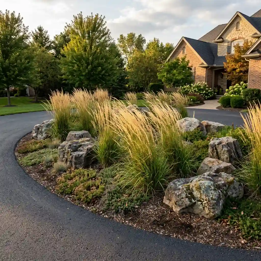 Mix Ornamental Grasses With Boulders