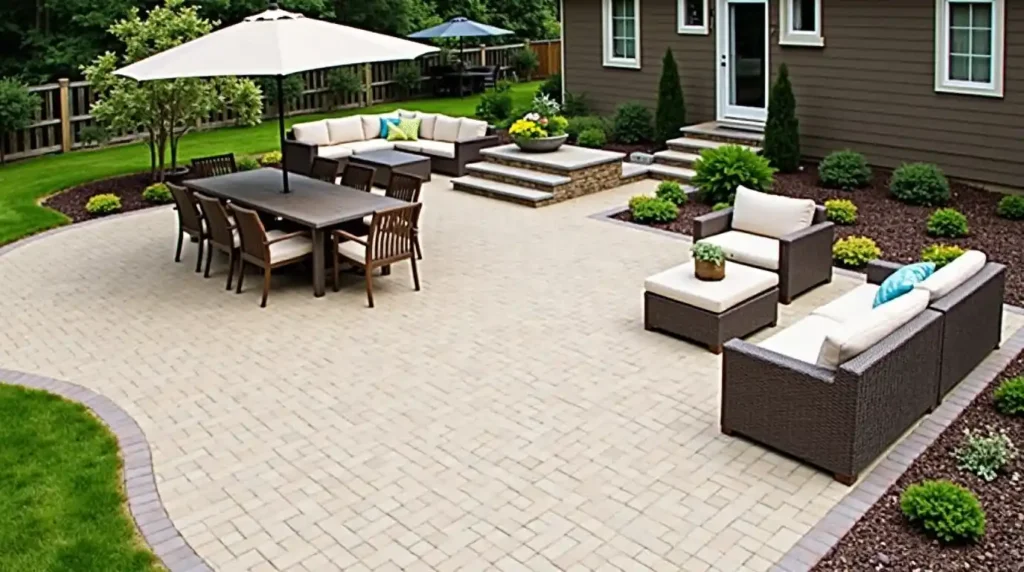Separate Dining and Seating With Two Paver Patterns