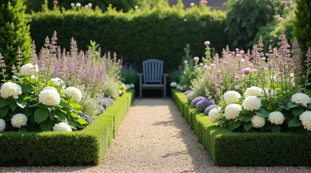Soften Formal Planting With Hydrangeas, Roses, and Herbs
