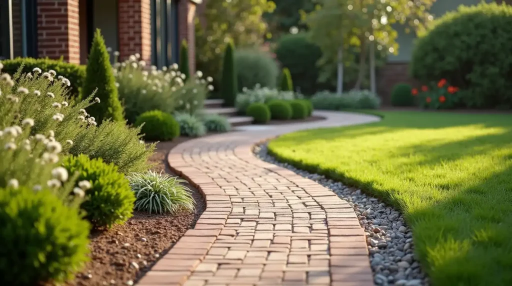 Use a Curved Brick Path to Soften the Yard